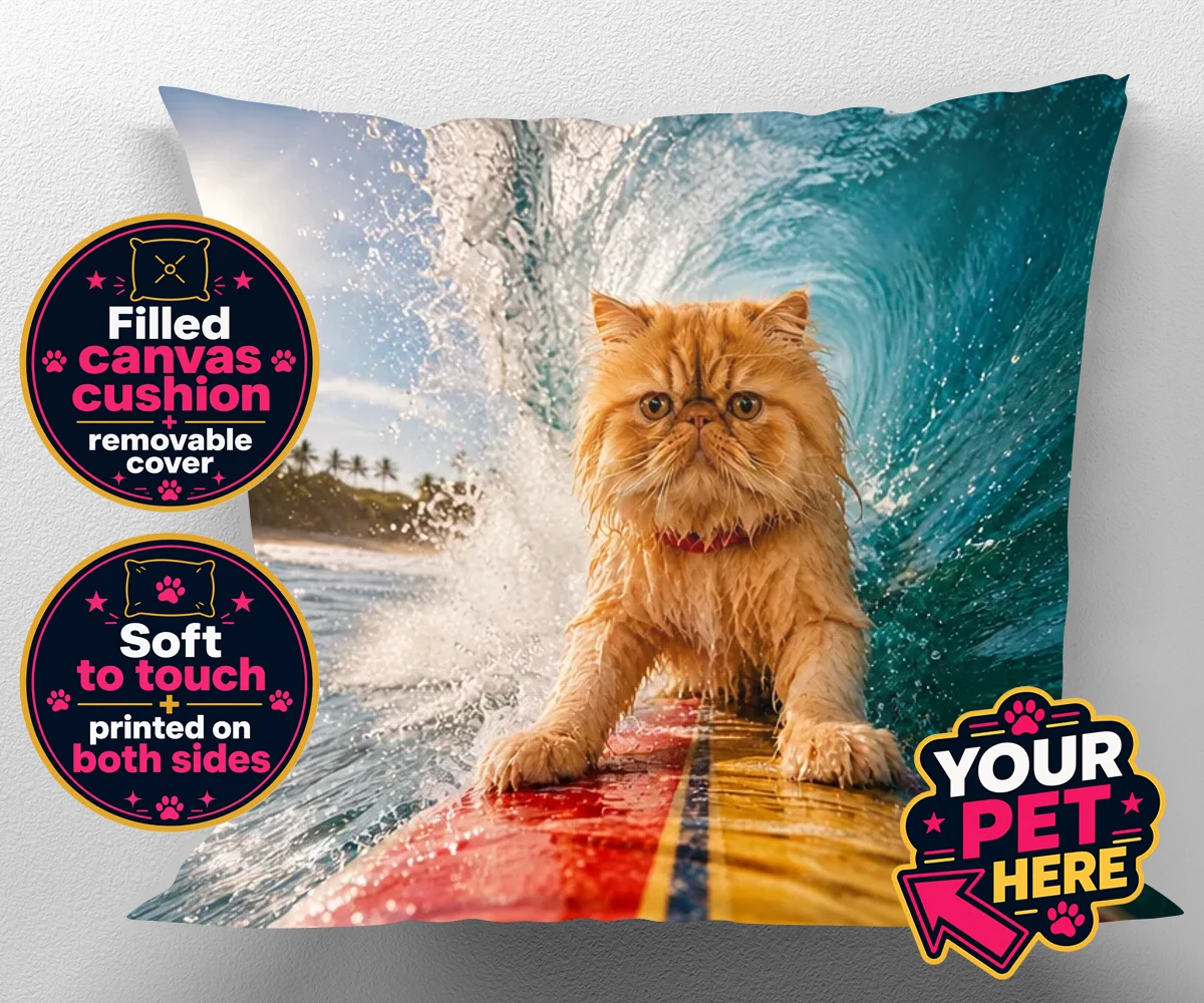 Personalised Paw Surf Rider cat canvas cushions featuring a whimsical portrait that captures the essence of feline adventure and