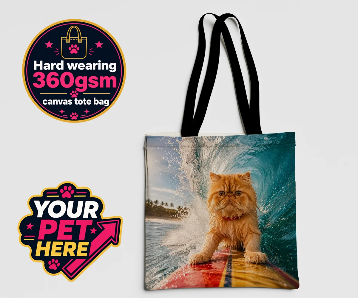 Personalised Paw Surf Rider cat canvas tote bags featuring a whimsical portrait that captures the essence of feline adventure and