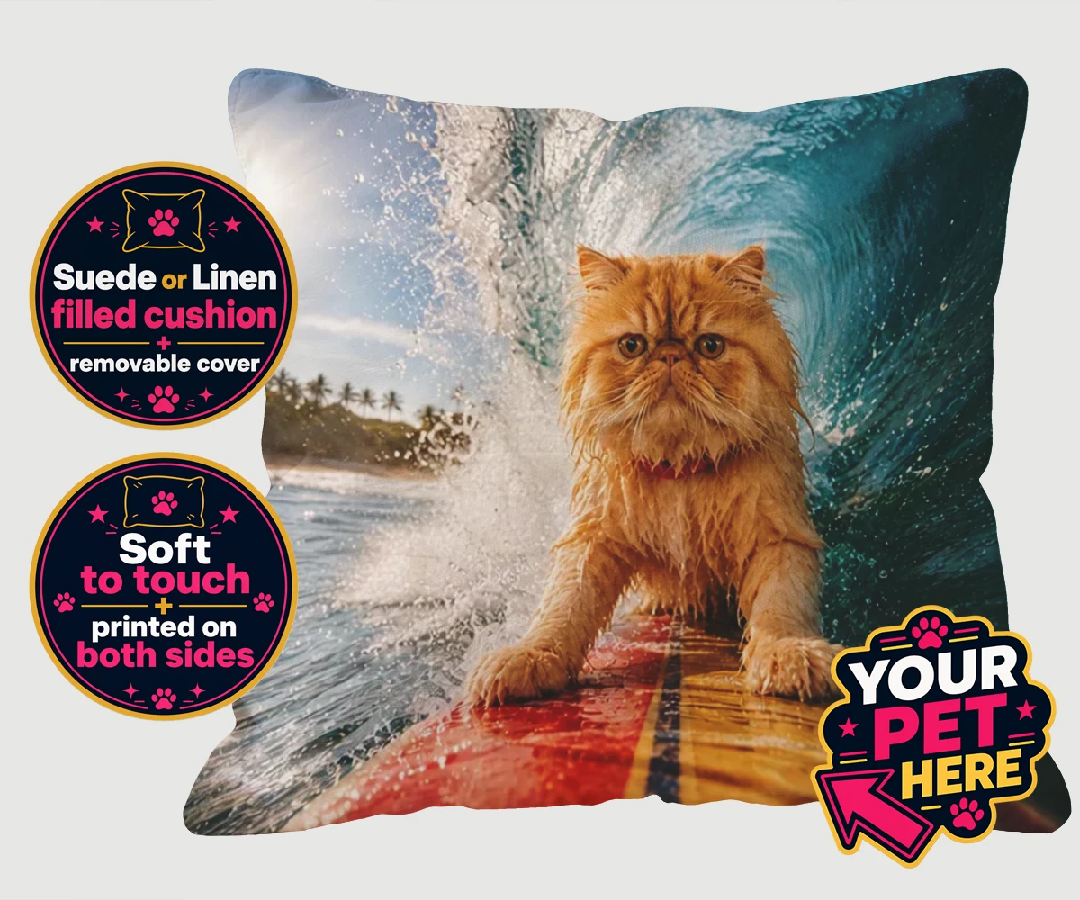 Personalised Paw Surf Rider cat cushions featuring a whimsical portrait that captures the essence of feline adventure and