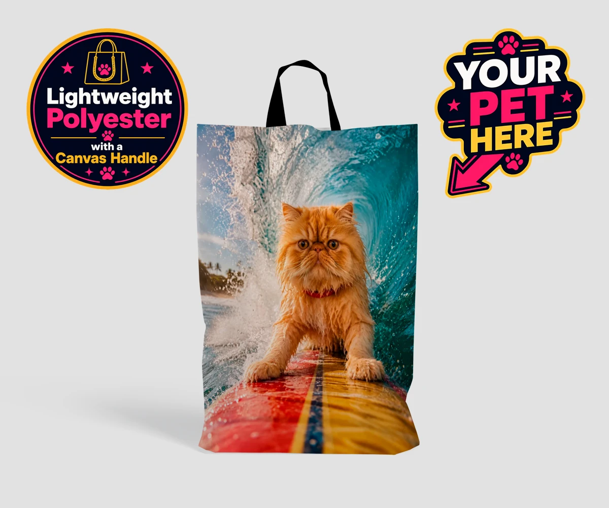 Personalised Paw Surf Rider cat shopping bags featuring a whimsical portrait that captures the essence of feline adventure and