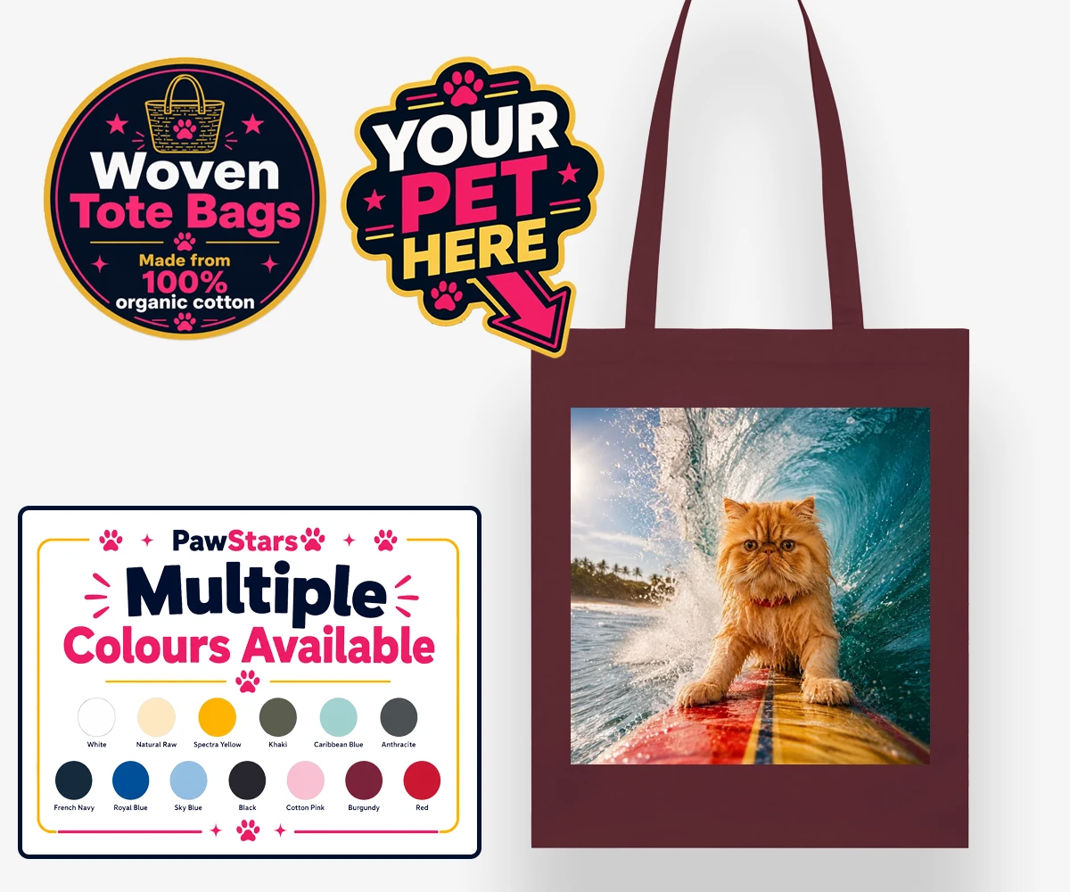 Personalised Paw Surf Rider cat woven tote bags featuring a whimsical portrait that captures the essence of feline adventure and