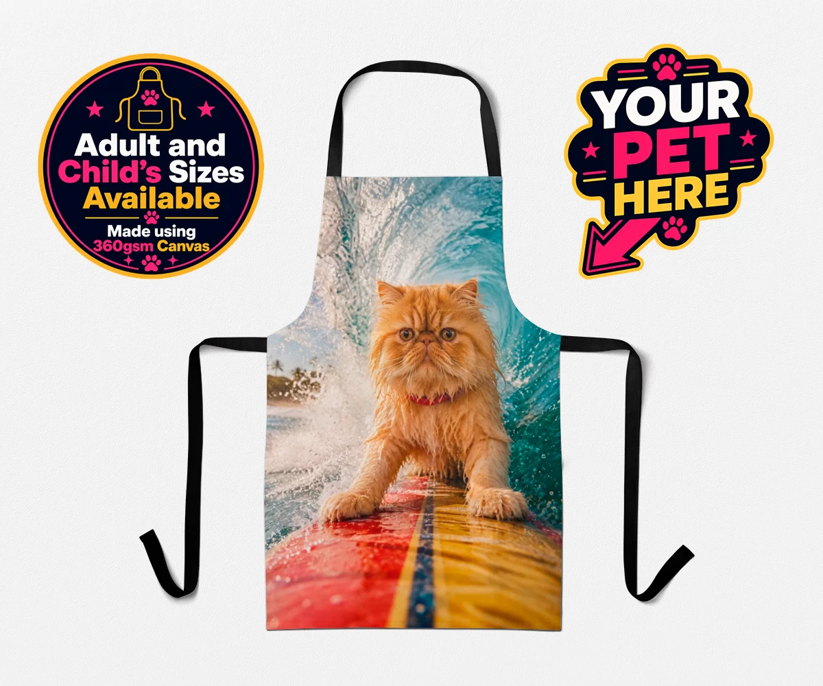 Personalised Paw Surf Rider cat aprons featuring a whimsical portrait that captures the essence of feline adventure and
