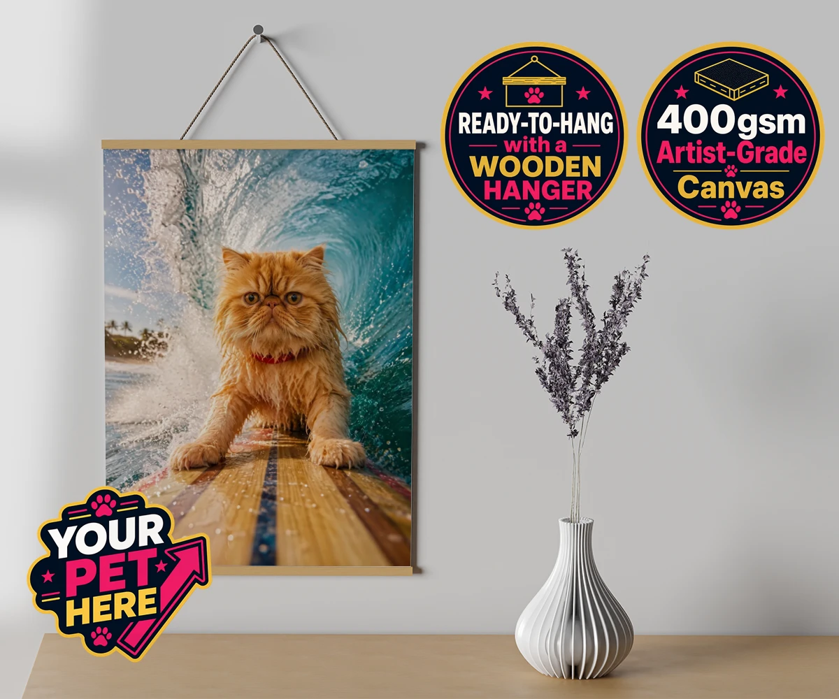 Personalised Paw Surf Rider cat canvas poster prints with hanger featuring a whimsical portrait that captures the essence of feline adventure and