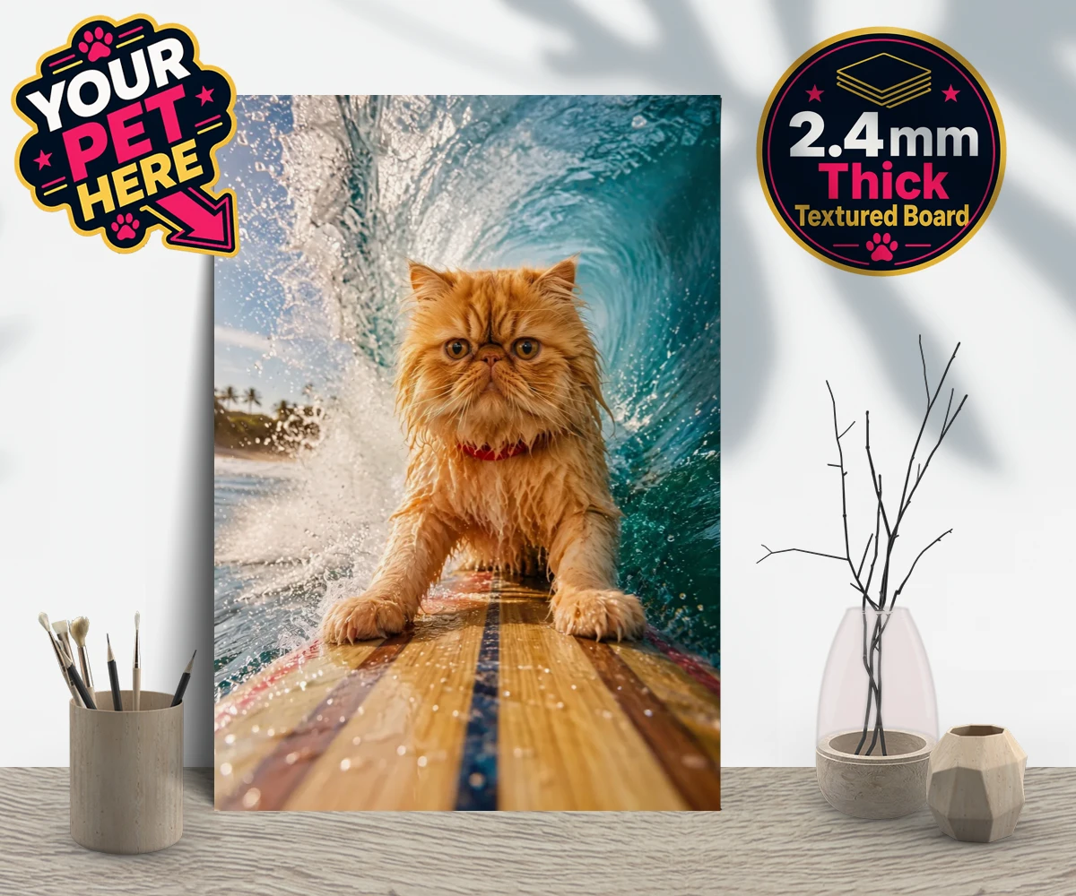 Personalised Paw Surf Rider cat gallery boards featuring a whimsical portrait that captures the essence of feline adventure and