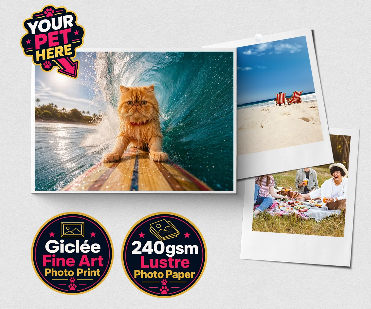 Personalised Paw Surf Rider cat premium photo print featuring a whimsical portrait that captures the essence of feline adventure and