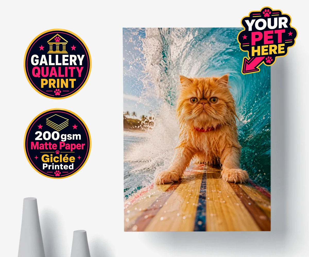 Personalised Paw Surf Rider cat premium poster print featuring a whimsical portrait that captures the essence of feline adventure and