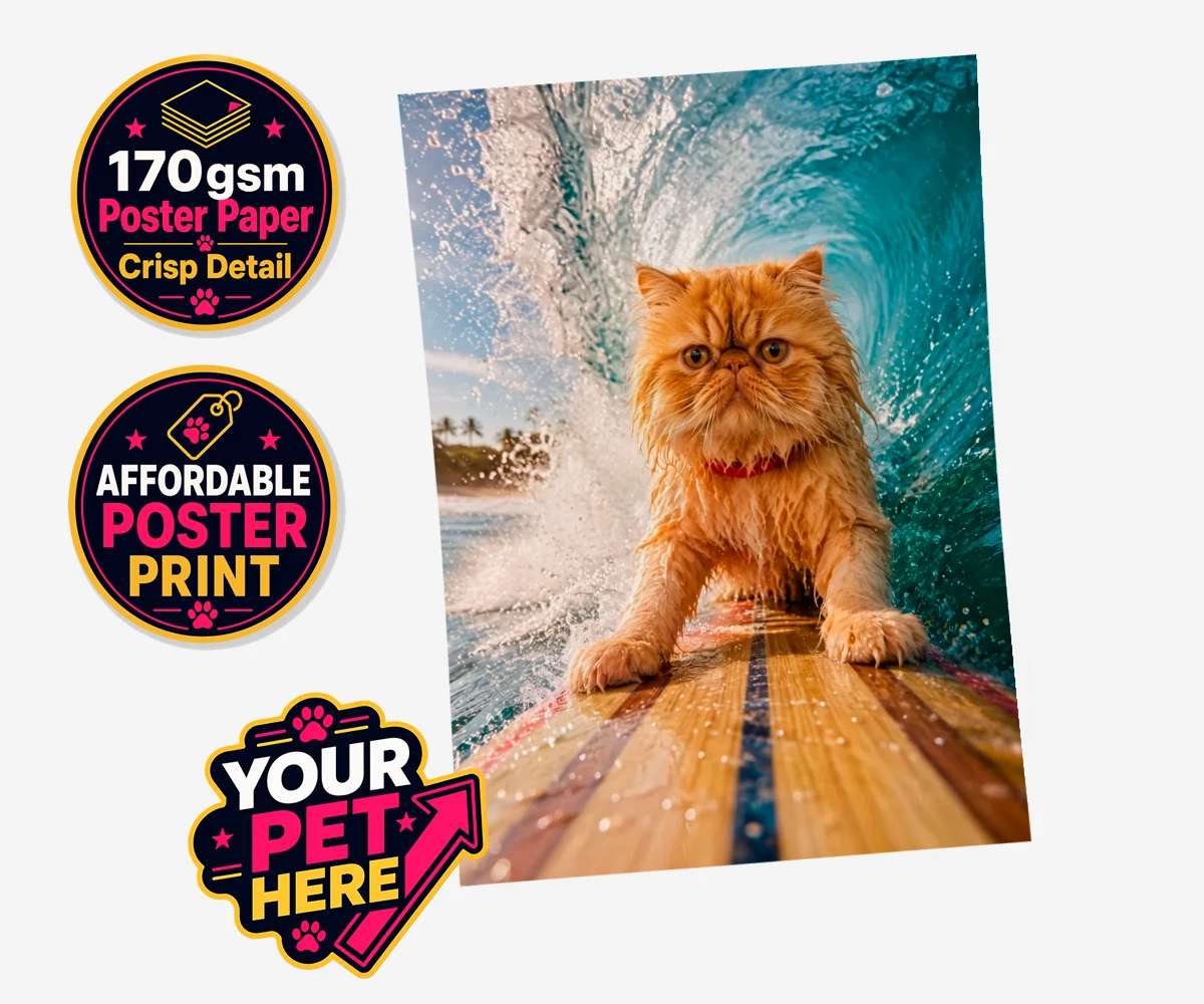 Personalised Paw Surf Rider cat standard poster print featuring a whimsical portrait that captures the essence of feline adventure and