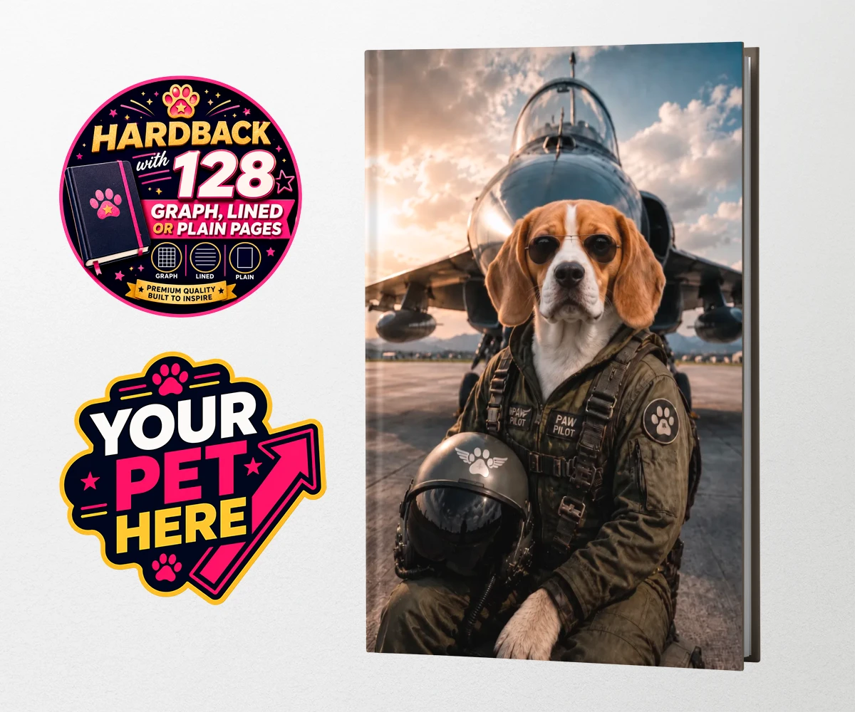 Personalised Sky Paw Captain dog hardback notebooks featuring meet Sky Paw Captain, the adventurous pup ready to take flight in the