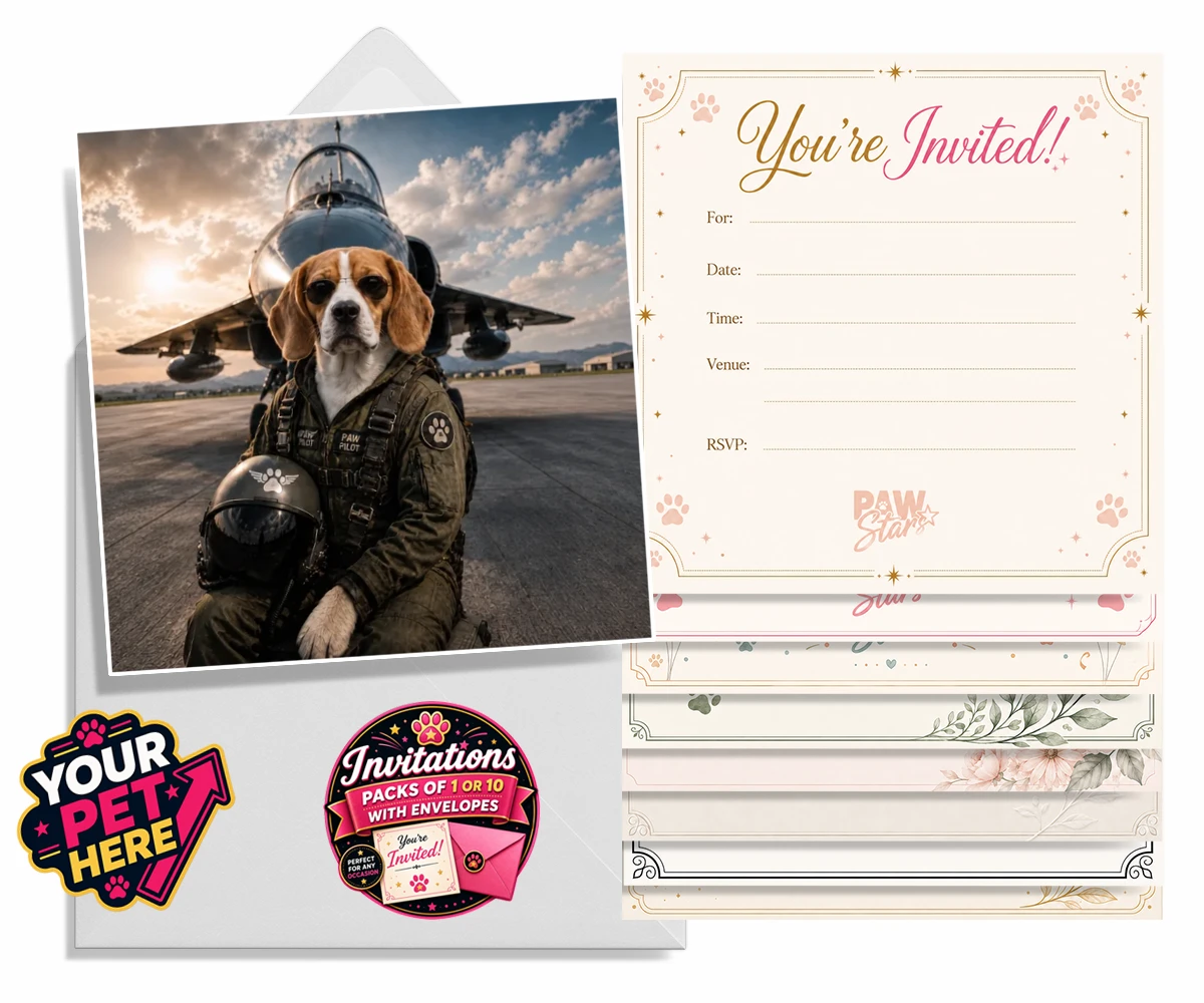 Personalised Sky Paw Captain dog invitations featuring meet Sky Paw Captain, the adventurous pup ready to take flight in the