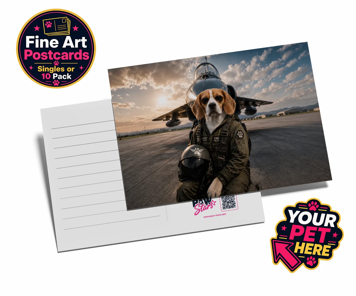 Personalised Sky Paw Captain dog postcards featuring meet Sky Paw Captain, the adventurous pup ready to take flight in the