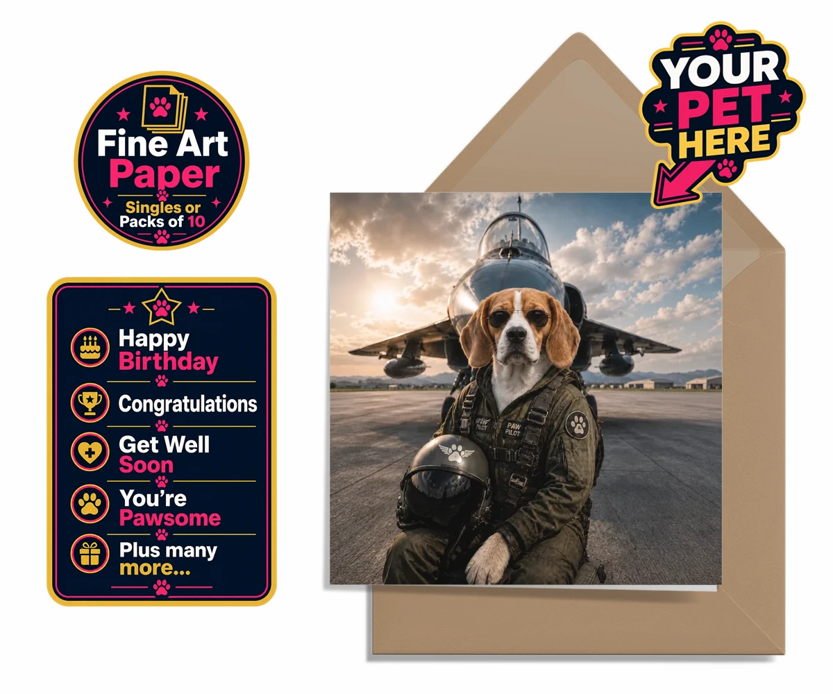 Personalised Sky Paw Captain dog premium greetings cards featuring meet Sky Paw Captain, the adventurous pup ready to take flight in the