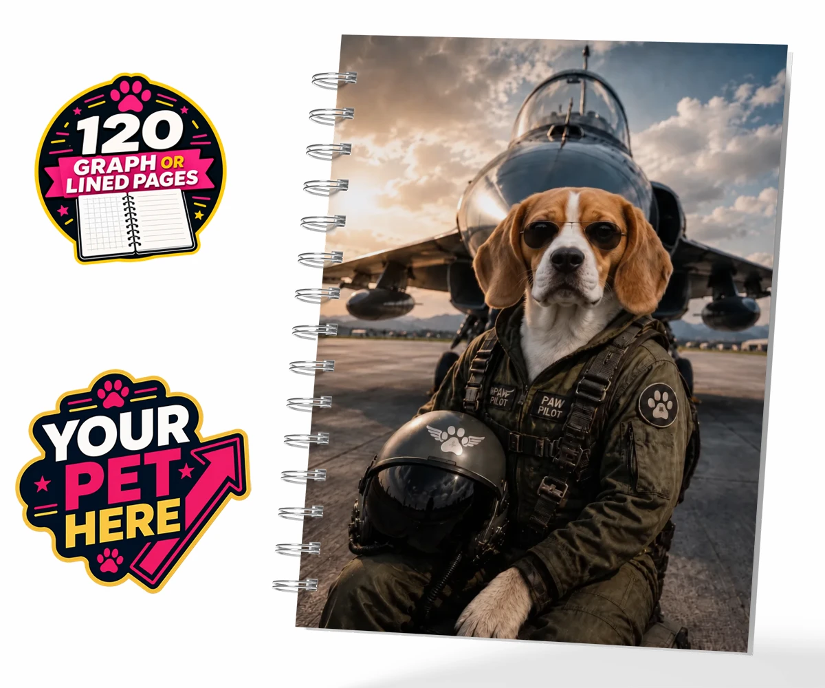 Personalised Sky Paw Captain dog spiral notebook featuring meet Sky Paw Captain, the adventurous pup ready to take flight in the