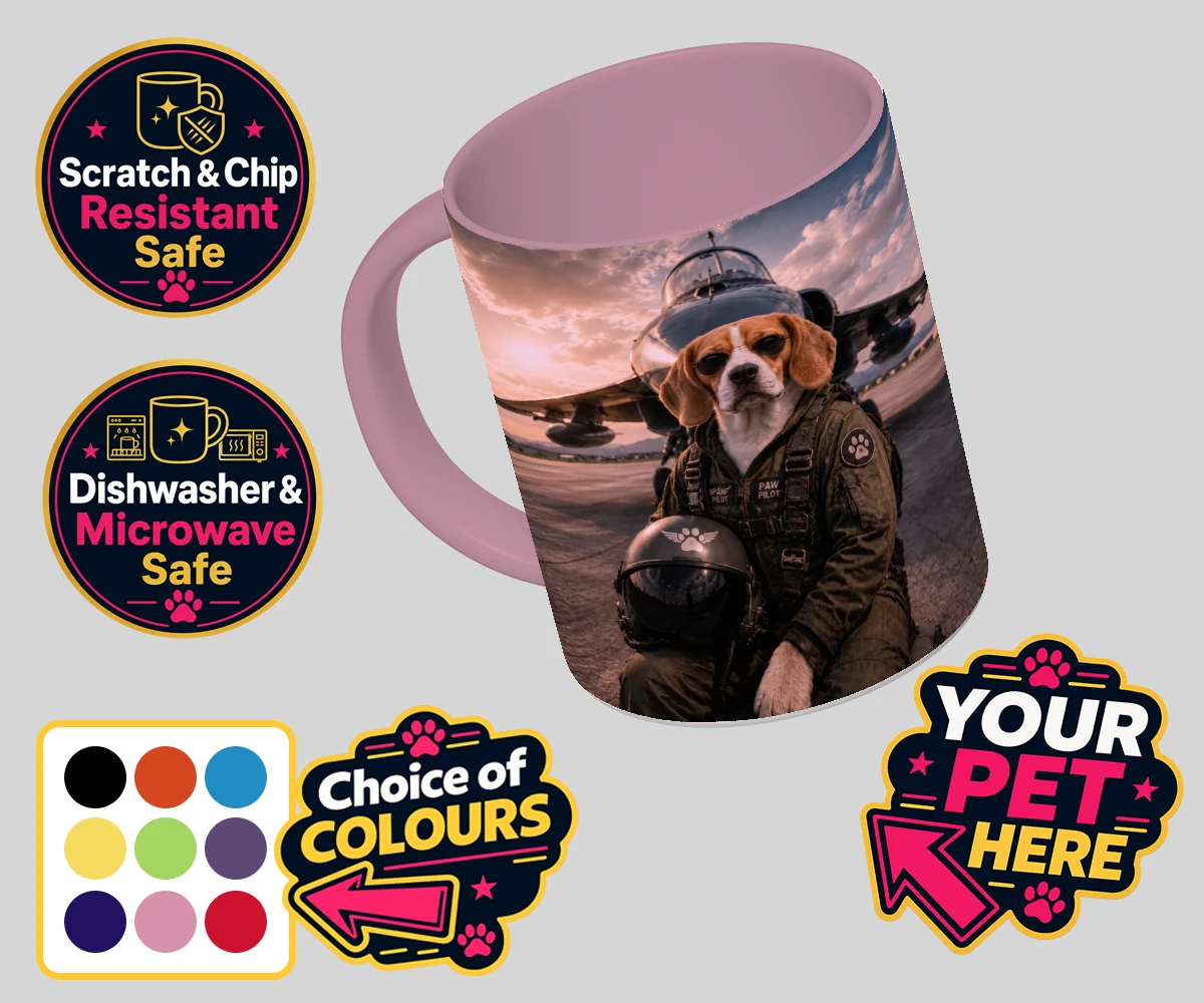 Personalised Sky Paw Captain dog coloured photo mugs featuring meet Sky Paw Captain, the adventurous pup ready to take flight in the