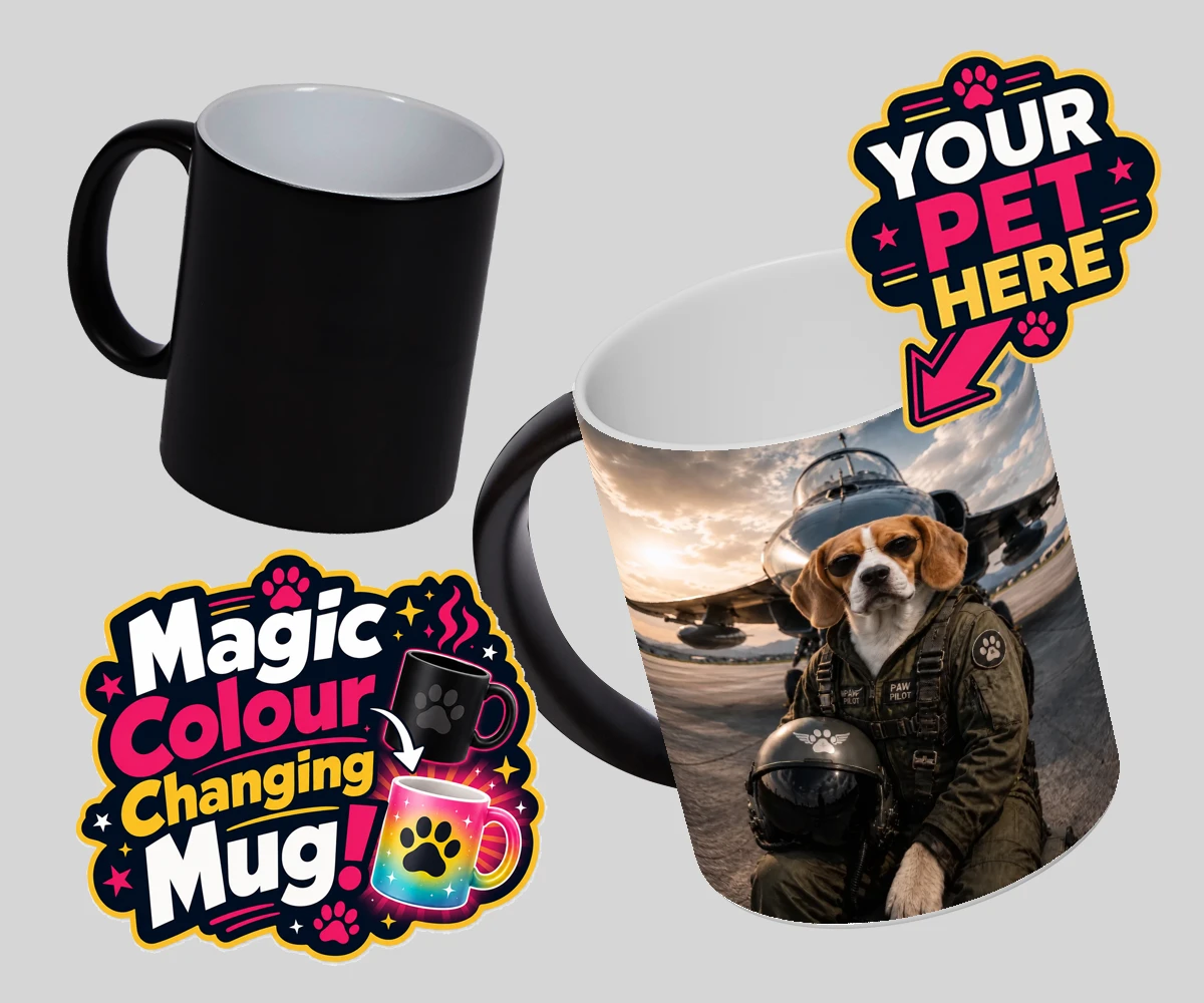 Personalised Sky Paw Captain dog magic photo mugs featuring meet Sky Paw Captain, the adventurous pup ready to take flight in the
