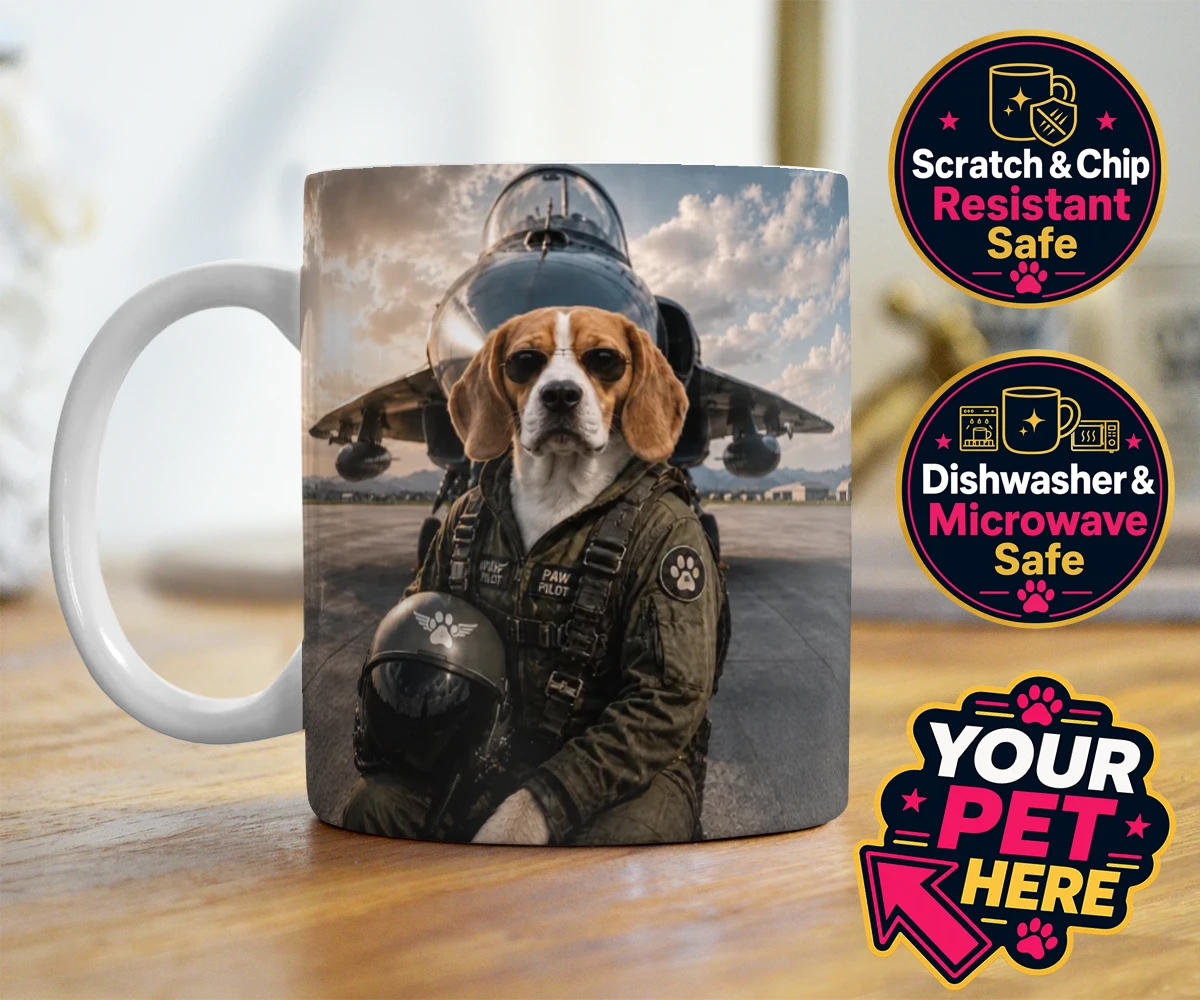 Personalised Sky Paw Captain dog photo mugs featuring meet Sky Paw Captain, the adventurous pup ready to take flight in the