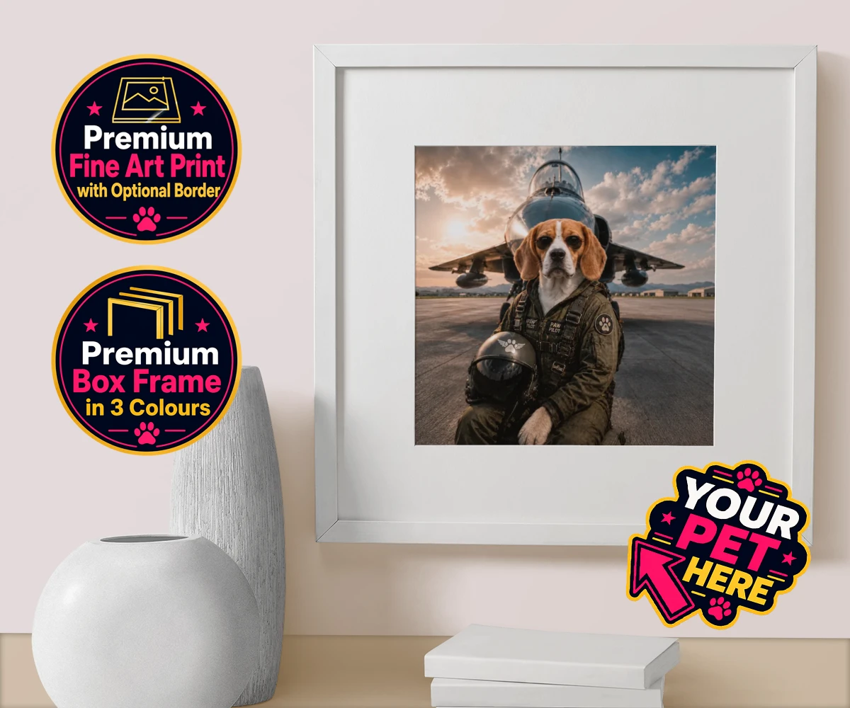 Personalised Sky Paw Captain dog box framed print featuring meet Sky Paw Captain, the adventurous pup ready to take flight in the