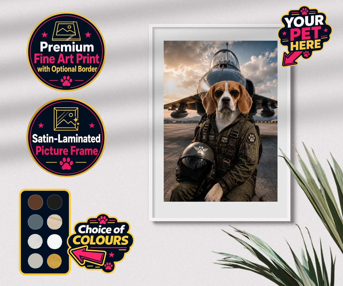 Personalised Sky Paw Captain dog premium framed print featuring meet Sky Paw Captain, the adventurous pup ready to take flight in the