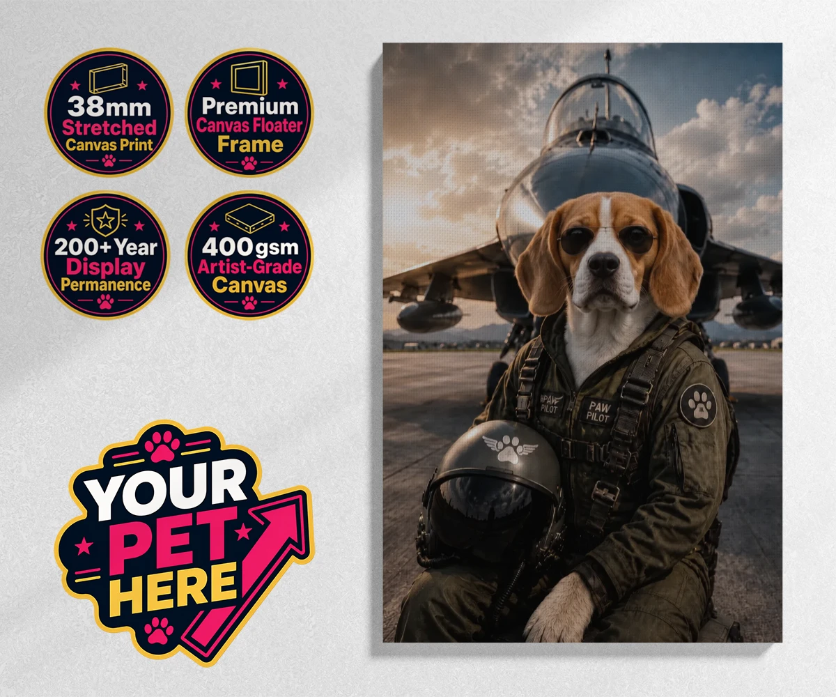 Personalised Sky Paw Captain dog stretched canvas print featuring meet Sky Paw Captain, the adventurous pup ready to take flight in the