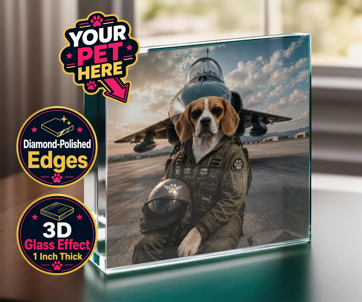 Personalised Sky Paw Captain dog acrylic prisms featuring meet Sky Paw Captain, the adventurous pup ready to take flight in the
