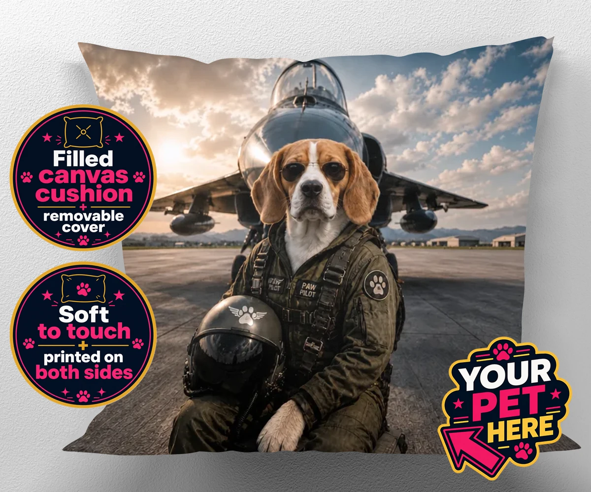 Personalised Sky Paw Captain dog canvas cushions featuring meet Sky Paw Captain, the adventurous pup ready to take flight in the