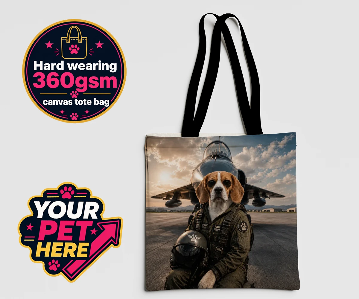 Personalised Sky Paw Captain dog canvas tote bags featuring meet Sky Paw Captain, the adventurous pup ready to take flight in the