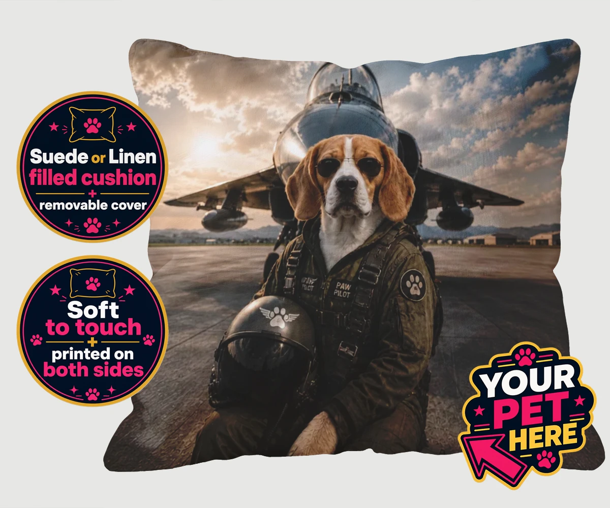 Personalised Sky Paw Captain dog cushions featuring meet Sky Paw Captain, the adventurous pup ready to take flight in the