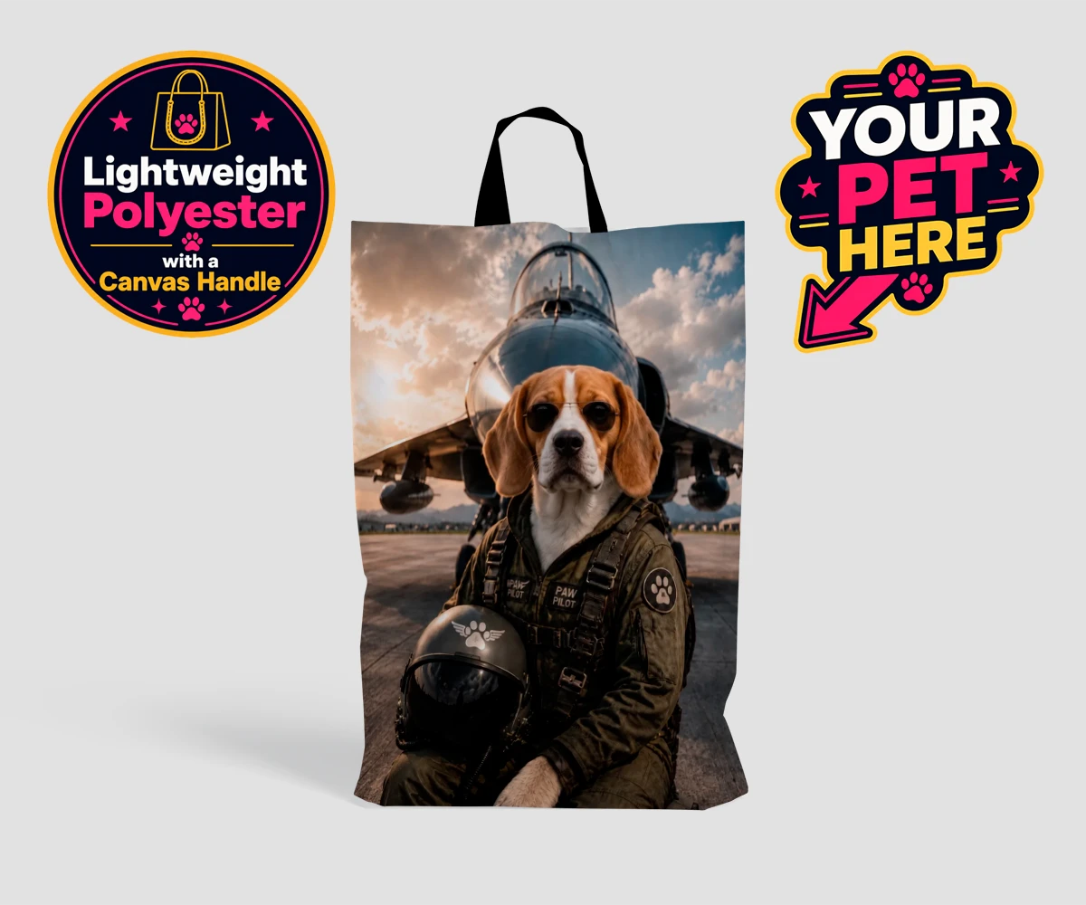 Personalised Sky Paw Captain dog shopping bags featuring meet Sky Paw Captain, the adventurous pup ready to take flight in the