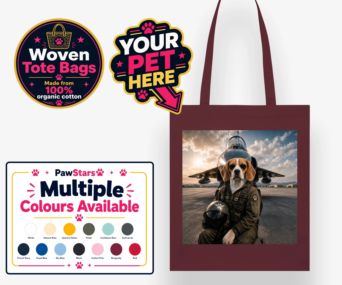 Personalised Sky Paw Captain dog woven tote bags featuring meet Sky Paw Captain, the adventurous pup ready to take flight in the