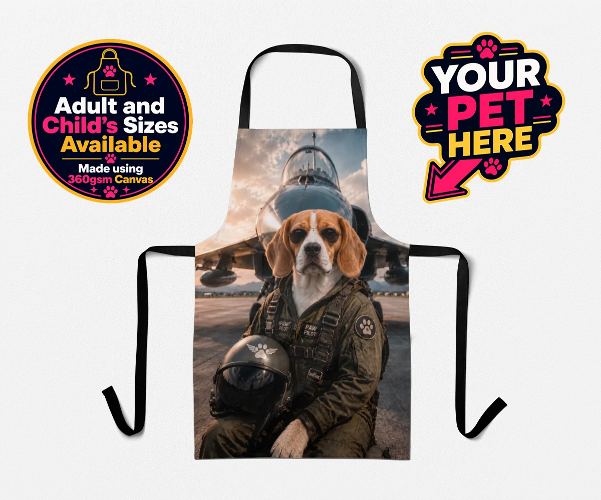 Personalised Sky Paw Captain dog aprons featuring meet Sky Paw Captain, the adventurous pup ready to take flight in the
