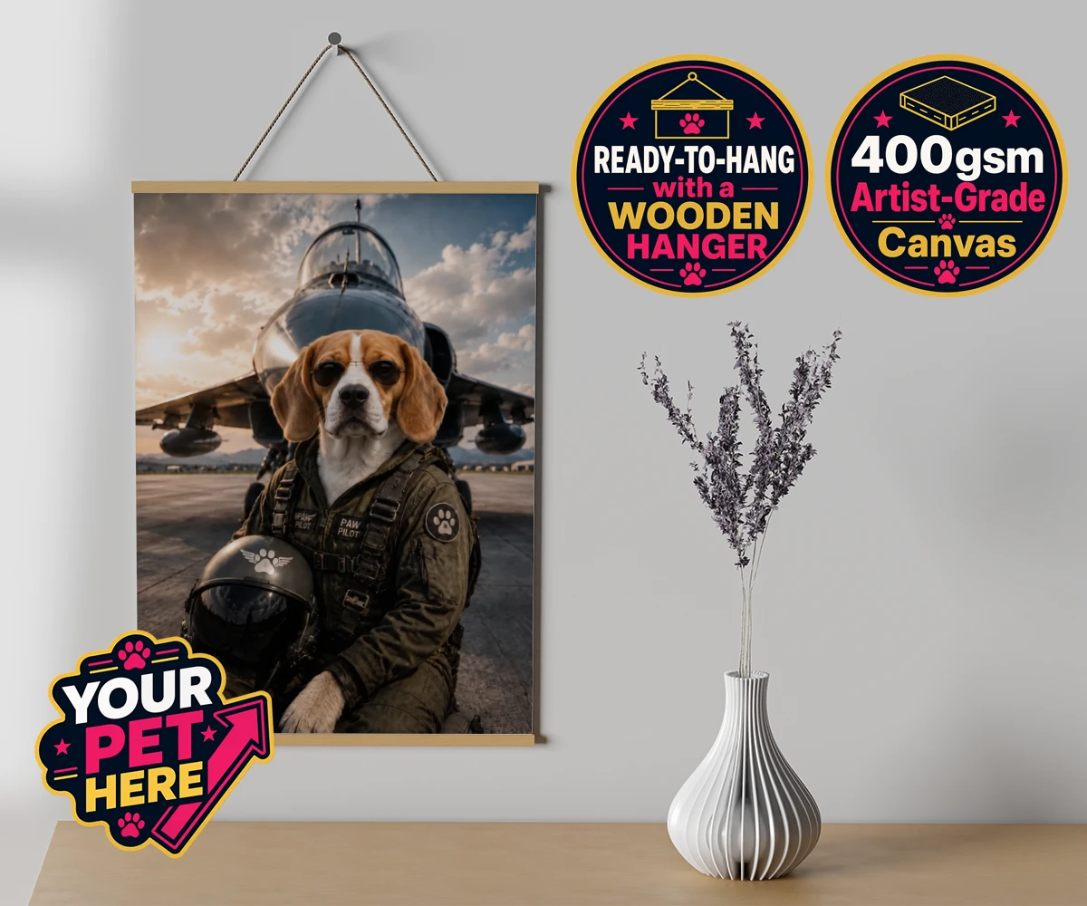 Personalised Sky Paw Captain dog canvas poster prints with hanger featuring meet Sky Paw Captain, the adventurous pup ready to take flight in the