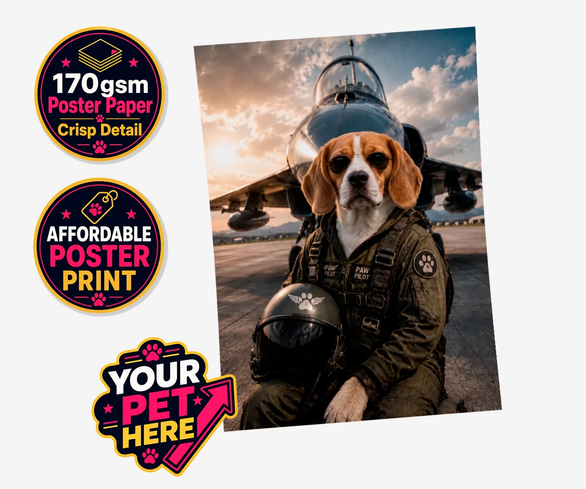 Personalised Sky Paw Captain dog standard poster print featuring meet Sky Paw Captain, the adventurous pup ready to take flight in the