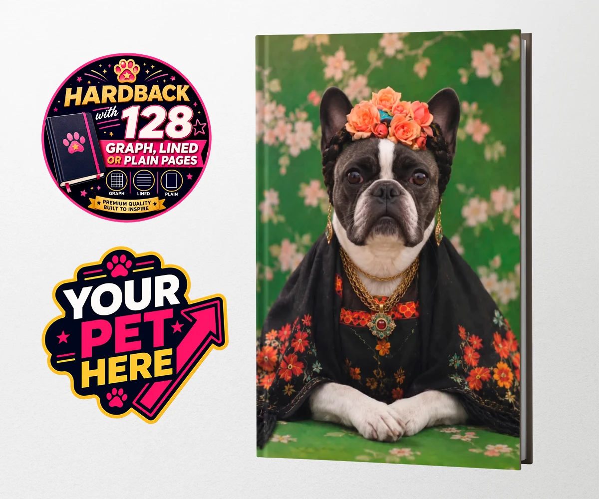 Personalised The Boho Muse dog hardback notebooks featuring meet The Boho Muse, a charming portrayal of your beloved pup as an art