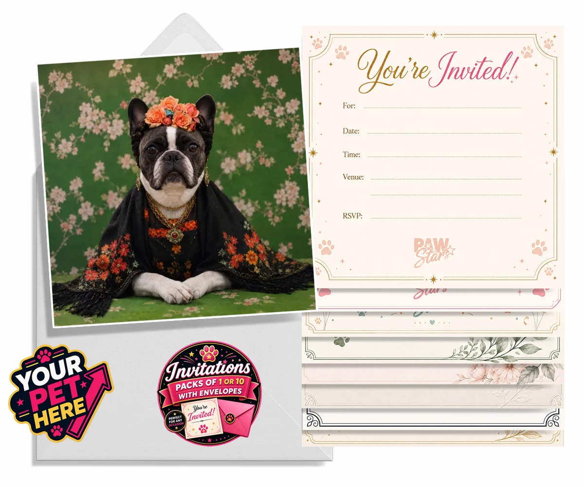 Personalised The Boho Muse dog invitations featuring meet The Boho Muse, a charming portrayal of your beloved pup as an art