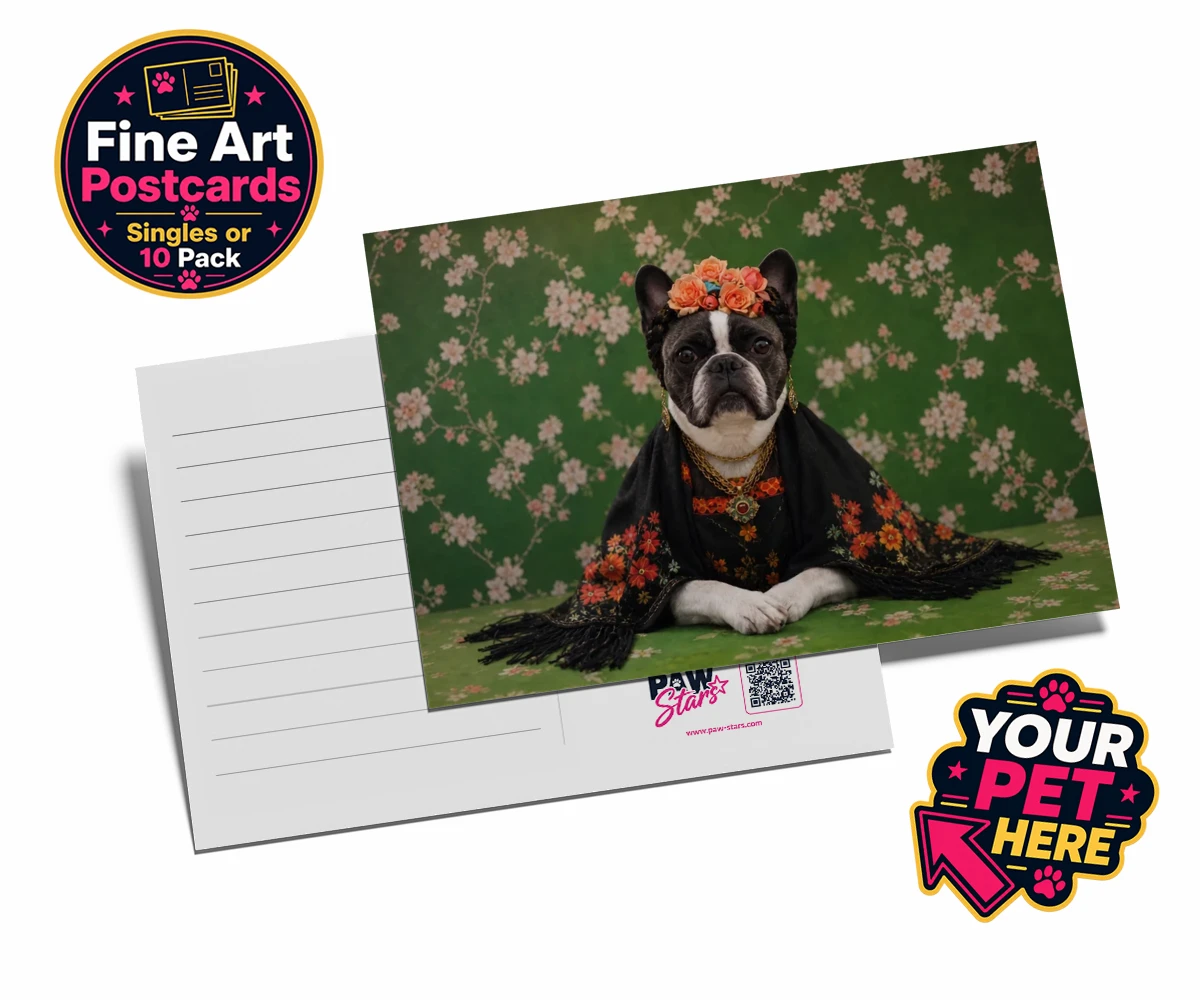 Personalised The Boho Muse dog postcards featuring meet The Boho Muse, a charming portrayal of your beloved pup as an art