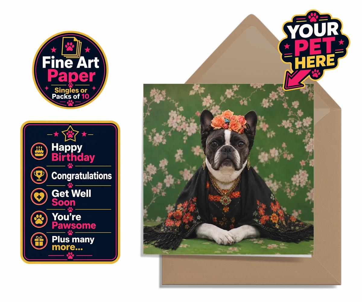 Personalised The Boho Muse dog premium greetings cards featuring meet The Boho Muse, a charming portrayal of your beloved pup as an art