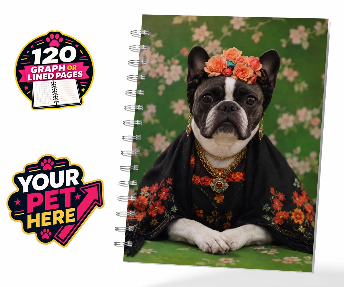 Personalised The Boho Muse dog spiral notebook featuring meet The Boho Muse, a charming portrayal of your beloved pup as an art