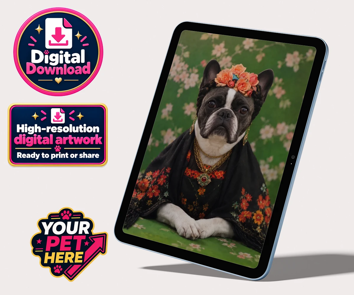 Personalised The Boho Muse dog personalised digital downloads featuring meet The Boho Muse, a charming portrayal of your beloved pup as an art