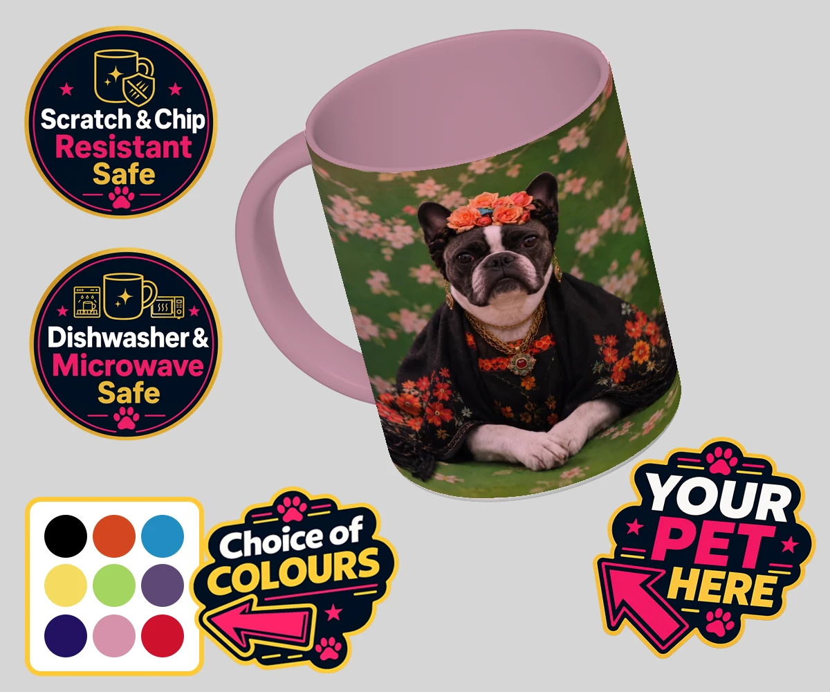 Personalised The Boho Muse dog coloured photo mugs featuring meet The Boho Muse, a charming portrayal of your beloved pup as an art