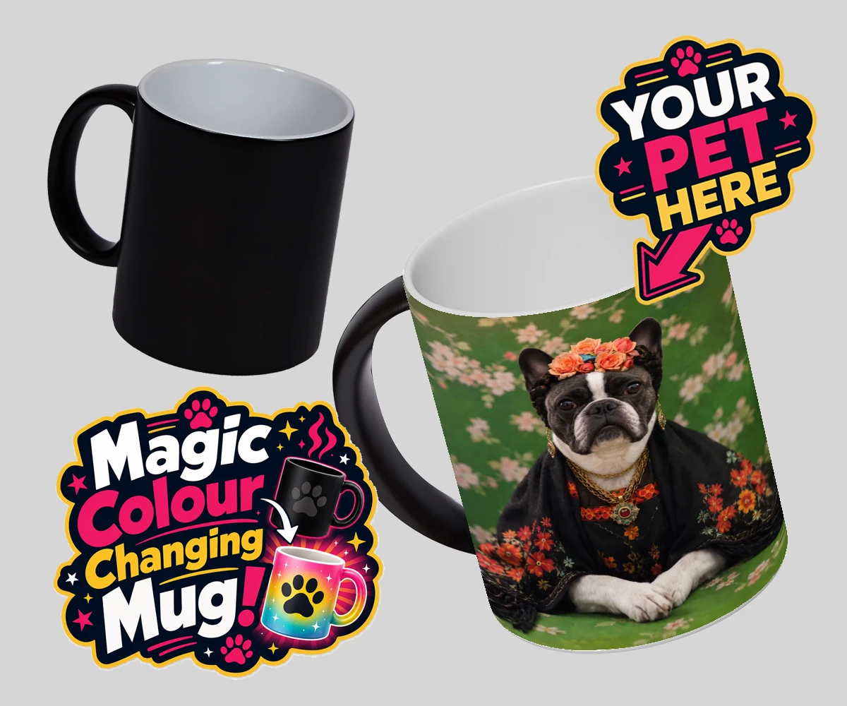 Personalised The Boho Muse dog magic photo mugs featuring meet The Boho Muse, a charming portrayal of your beloved pup as an art