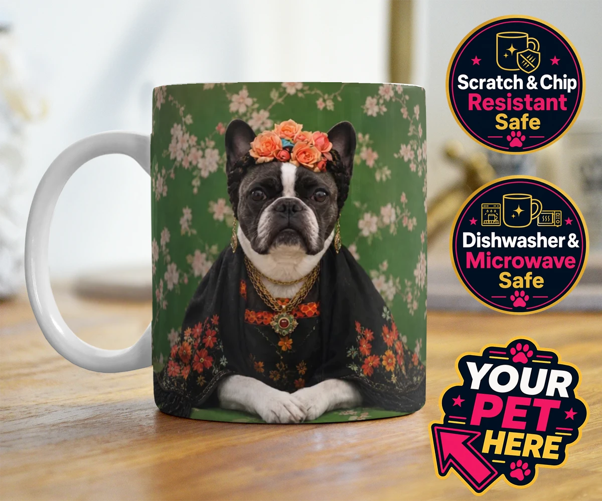 Personalised The Boho Muse dog photo mugs featuring meet The Boho Muse, a charming portrayal of your beloved pup as an art