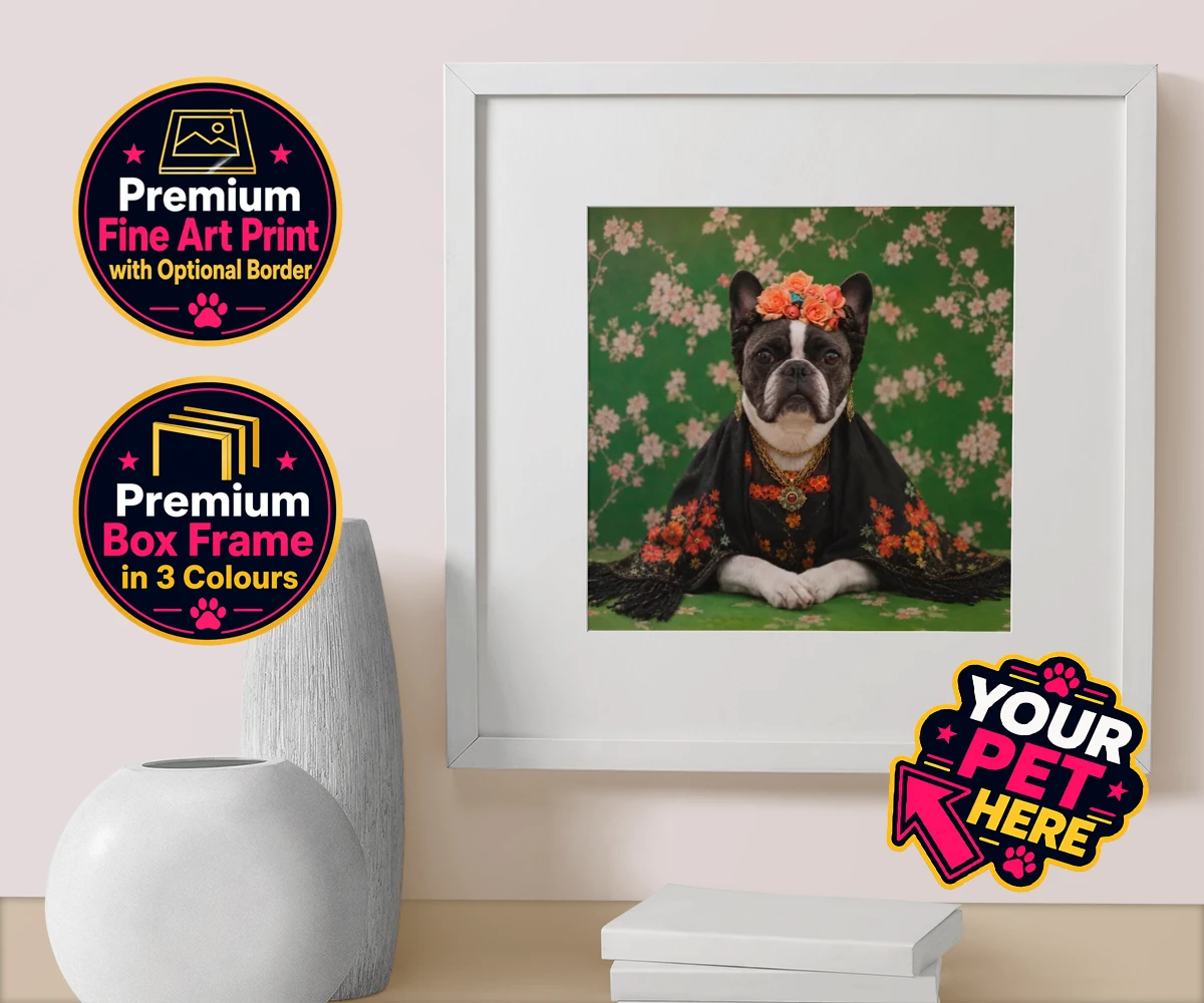 Personalised The Boho Muse dog box framed print featuring meet The Boho Muse, a charming portrayal of your beloved pup as an art