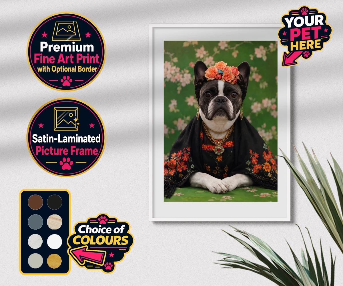 Personalised The Boho Muse dog premium framed print featuring meet The Boho Muse, a charming portrayal of your beloved pup as an art