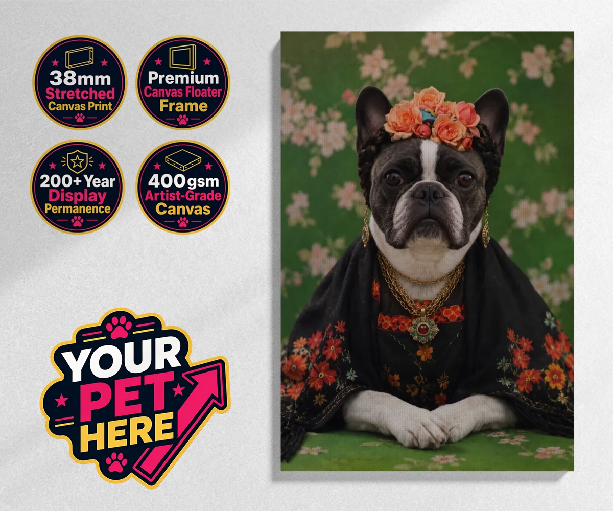 Personalised The Boho Muse dog stretched canvas print featuring meet The Boho Muse, a charming portrayal of your beloved pup as an art