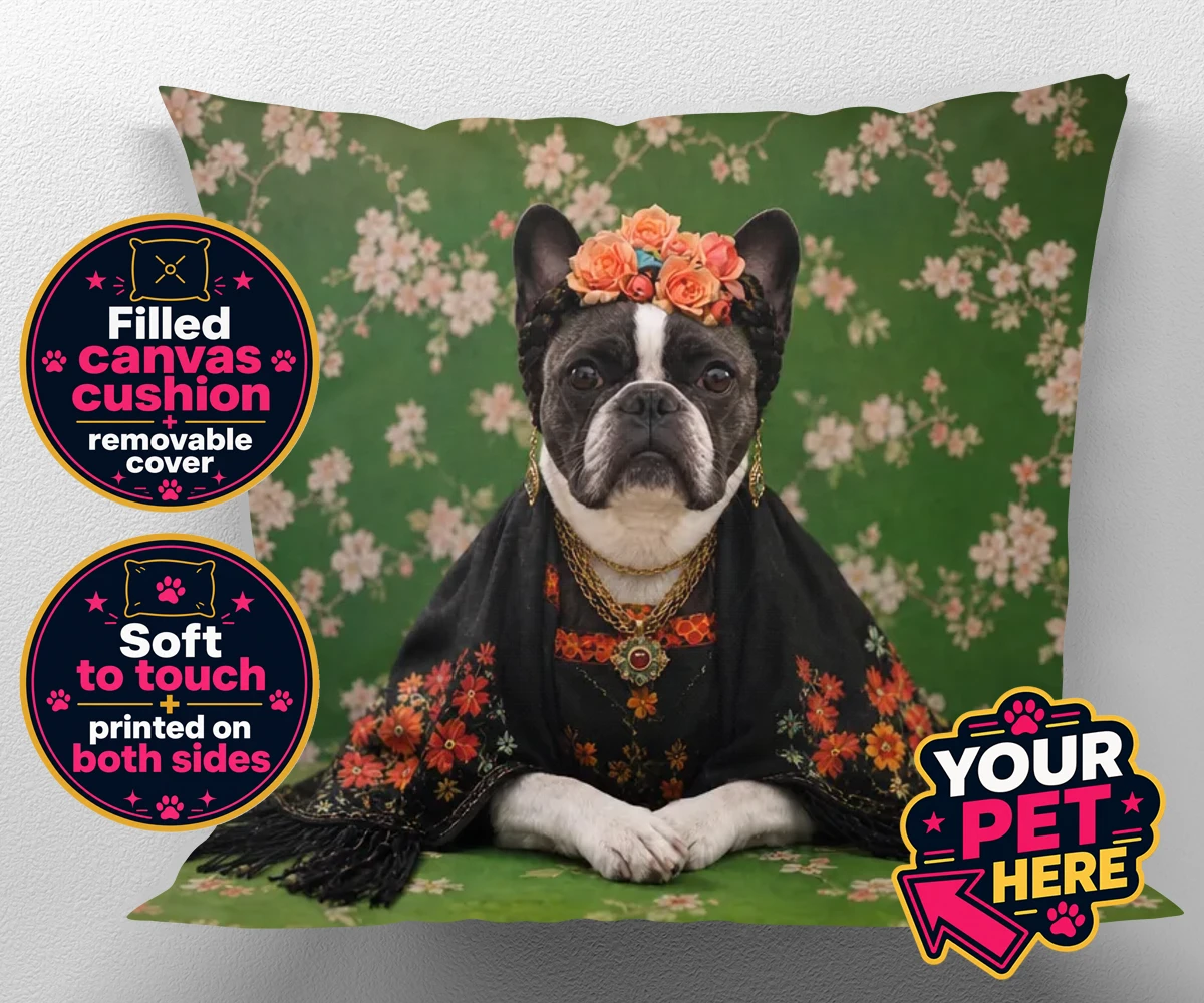 Personalised The Boho Muse dog canvas cushions featuring meet The Boho Muse, a charming portrayal of your beloved pup as an art