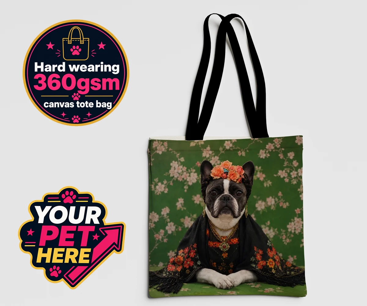 Personalised The Boho Muse dog canvas tote bags featuring meet The Boho Muse, a charming portrayal of your beloved pup as an art