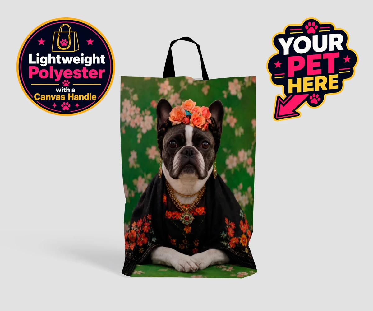 Personalised The Boho Muse dog shopping bags featuring meet The Boho Muse, a charming portrayal of your beloved pup as an art