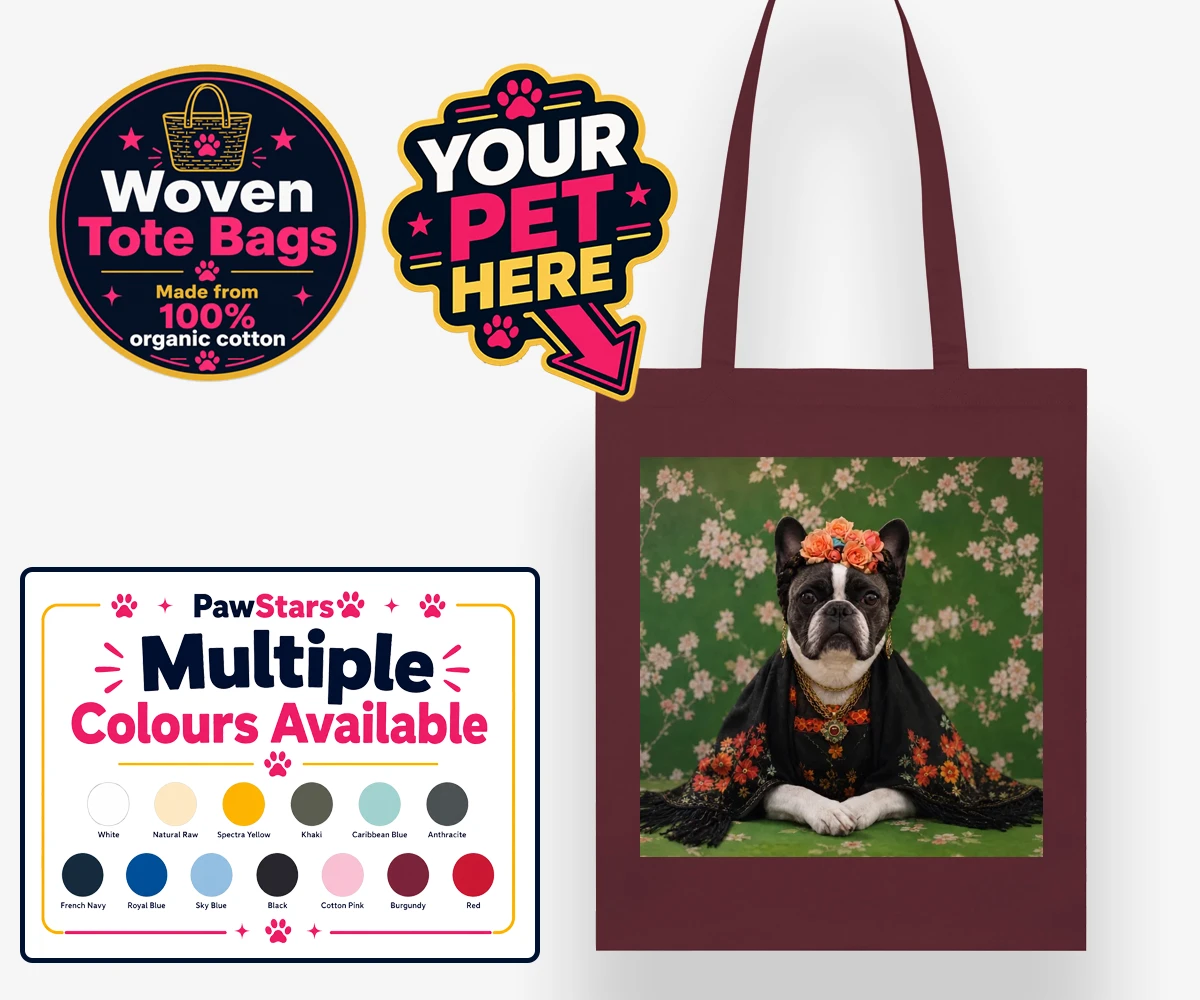 Personalised The Boho Muse dog woven tote bags featuring meet The Boho Muse, a charming portrayal of your beloved pup as an art