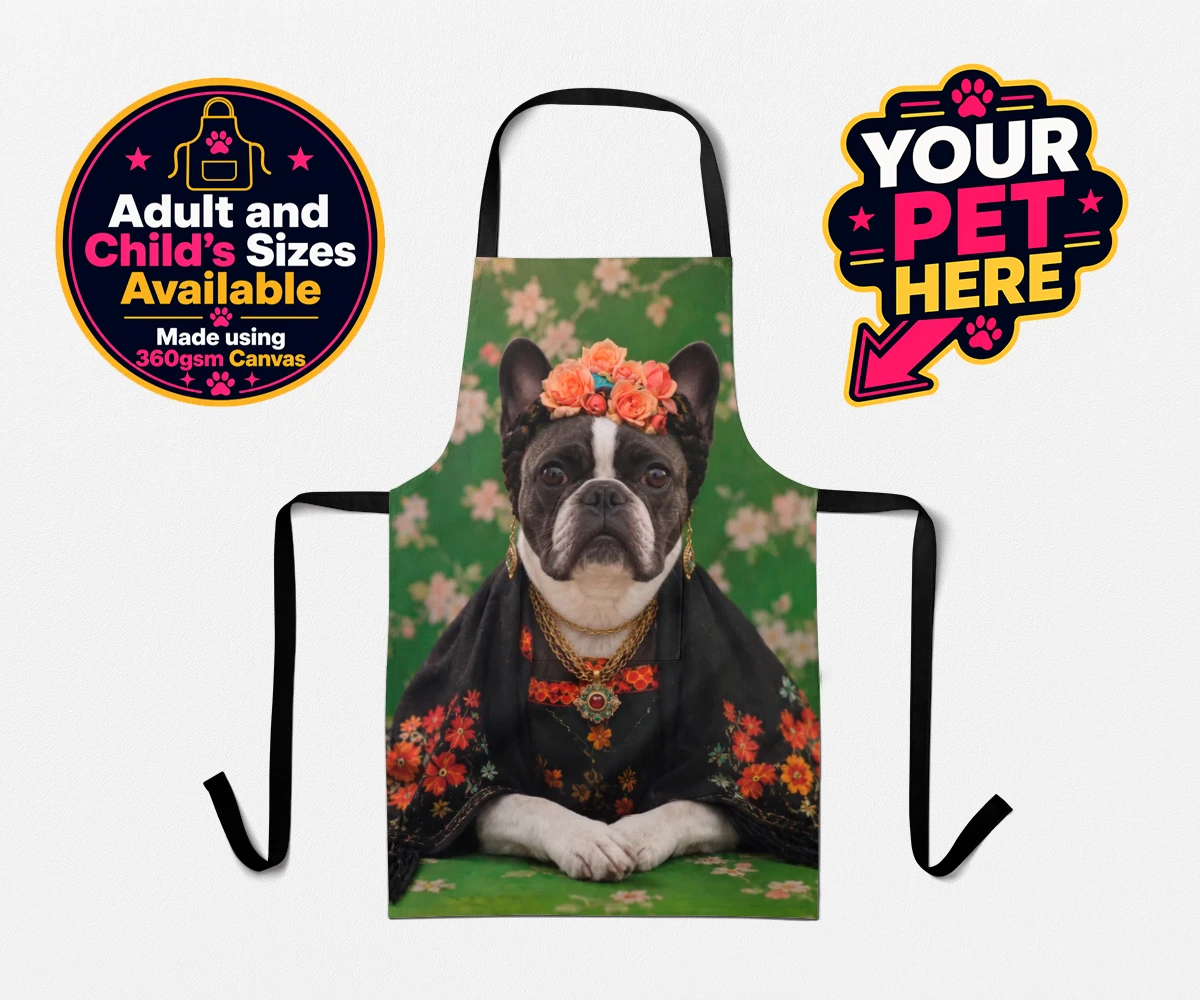 Personalised The Boho Muse dog aprons featuring meet The Boho Muse, a charming portrayal of your beloved pup as an art