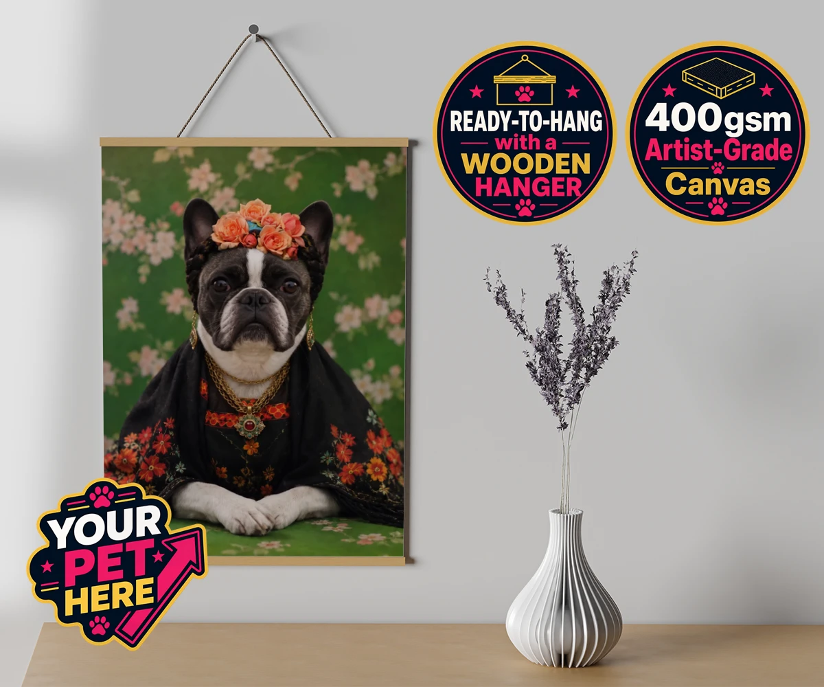 Personalised The Boho Muse dog canvas poster prints with hanger featuring meet The Boho Muse, a charming portrayal of your beloved pup as an art