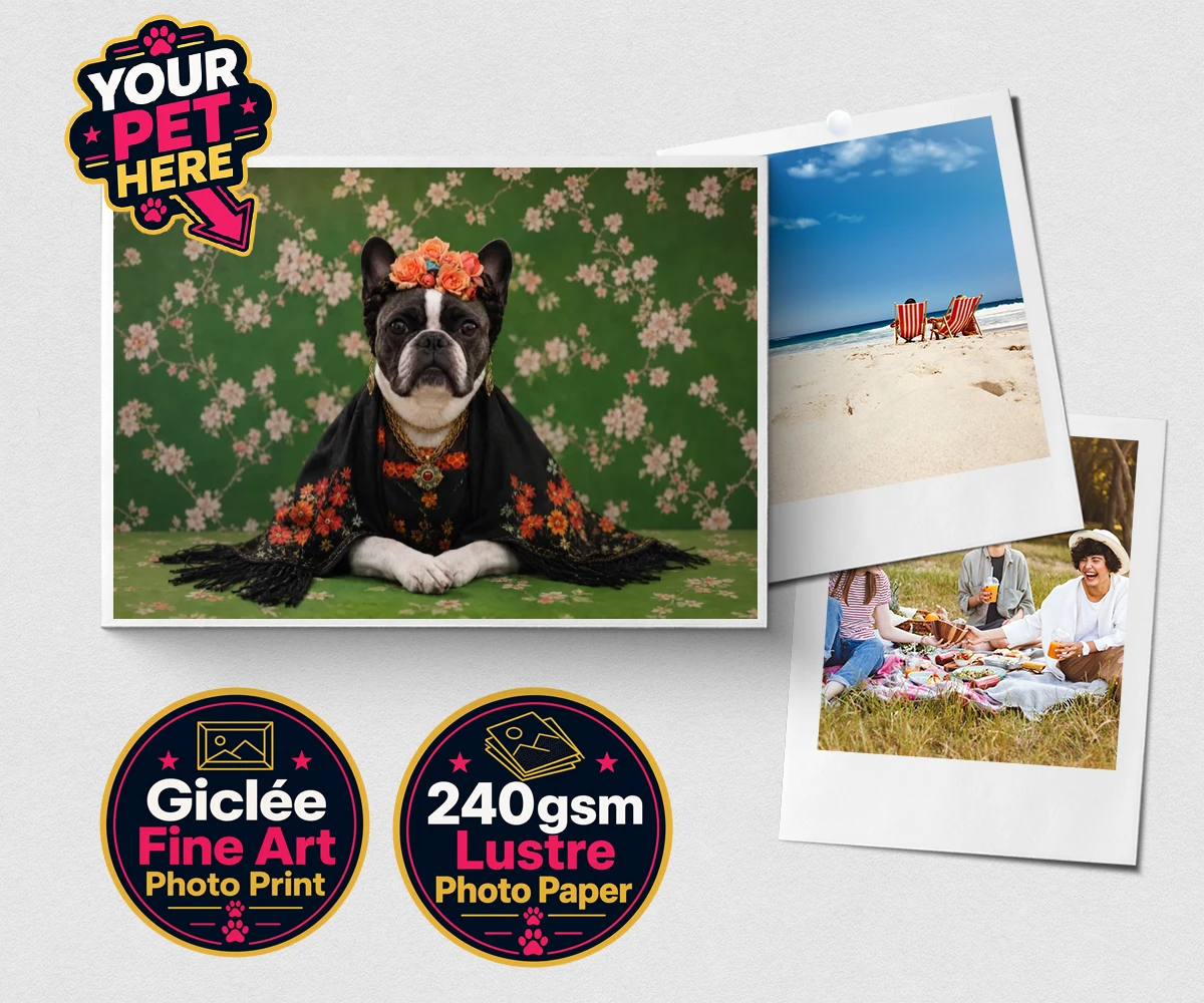 Personalised The Boho Muse dog premium photo print featuring meet The Boho Muse, a charming portrayal of your beloved pup as an art